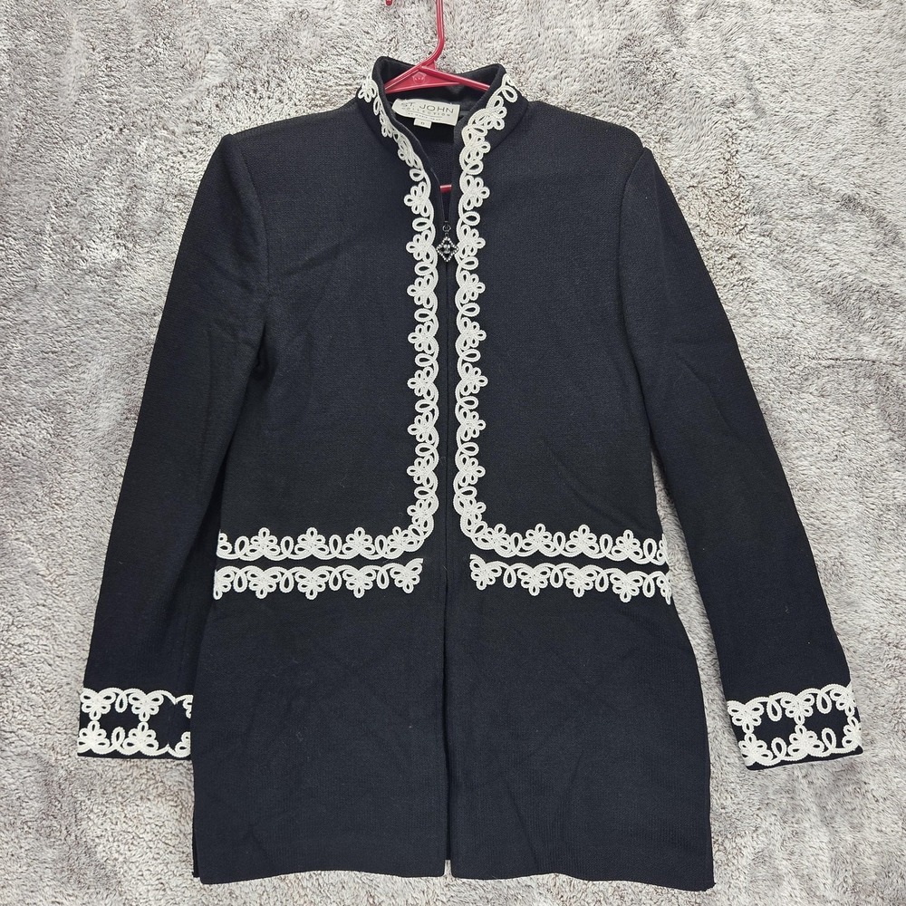 St. John Jacket Womens 6 Black Knit Lace Trim Rhinestone Zip Embellished